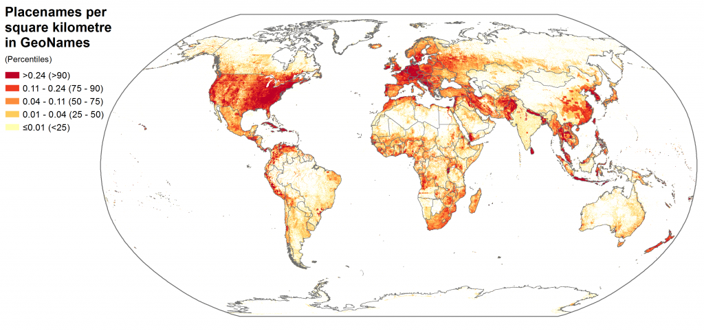 Spatial distribution of placenames in the GeoNames gazetteer